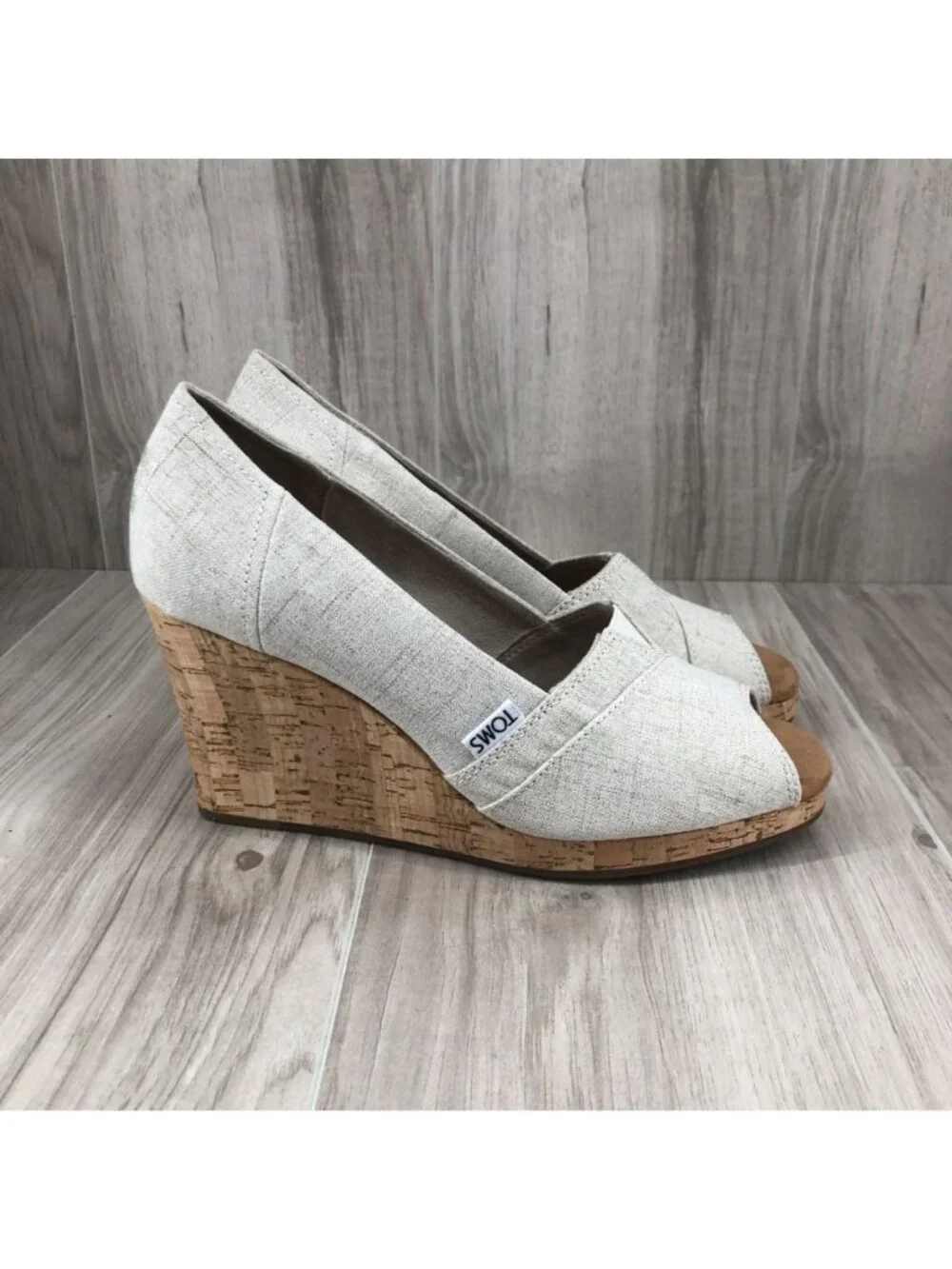 Toms Wedges Womens 8 Tan Slip On Peep Toe Cork Wedge Shoes